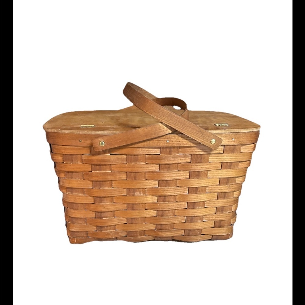 Vintage Picnic Basket Hinged Lid  Red White Gingham Lining Large 10” X 16” - Picture 9 of 9